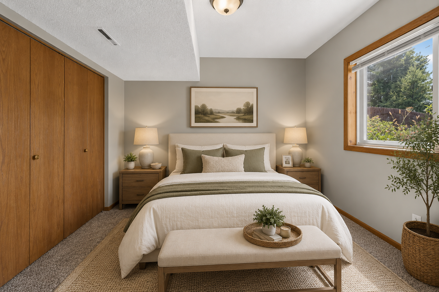 Bright and clean lower-level bedroom featuring spacious closets with plenty of room for storage.