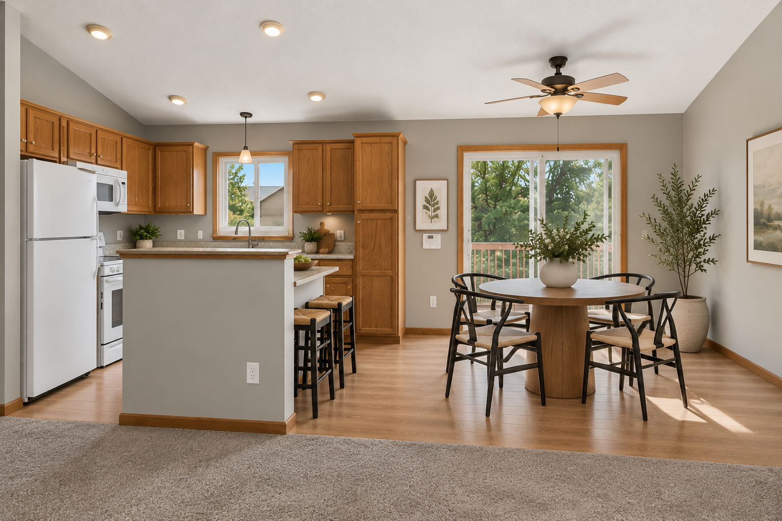 The dining area sits alongside the sliding glass doors, bringing in abundant sunshine and providing direct access to the deck and fully fenced backyard. AI staged.