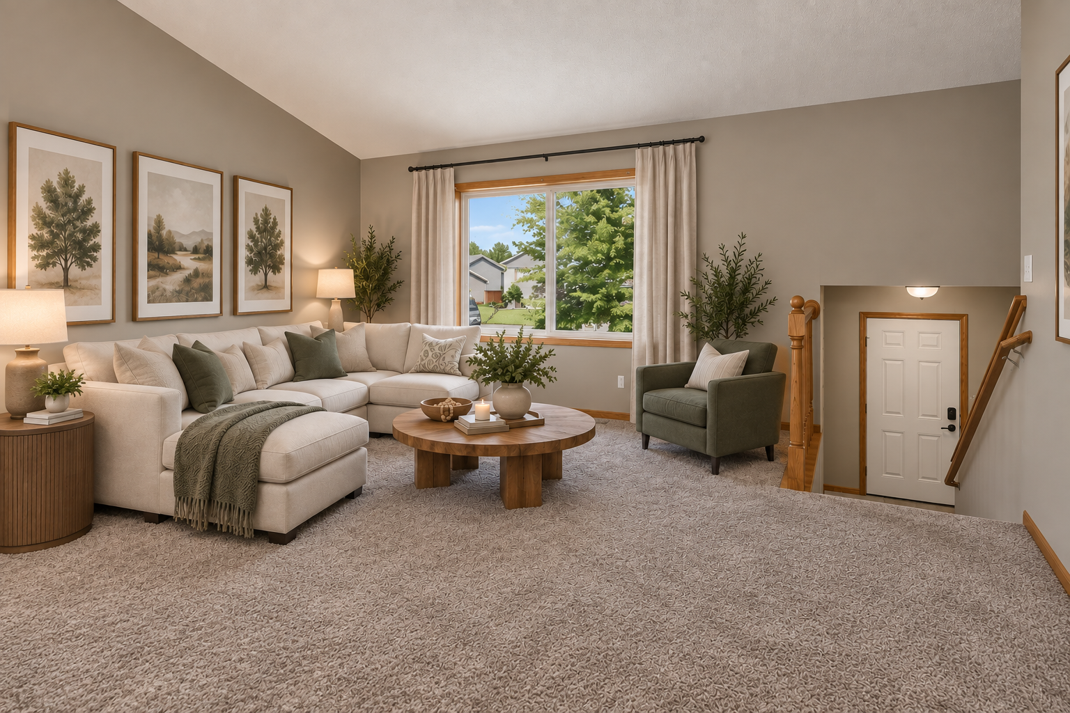 Spacious living room featuring a large front window that fills the space with natural light. It’s the perfect place to entertain friends and family or simply relax and unwind at the end of the day. AI Staged.