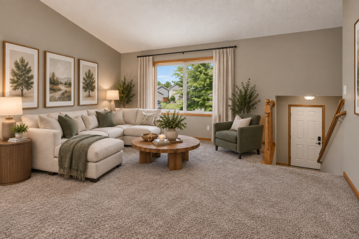 Spacious living room featuring a large front window that fills the space with natural light. Itâs the perfect place to entertain friends and family or simply relax and unwind at the end of the day. AI Staged.