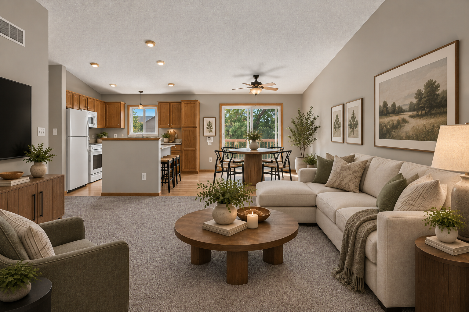 Spacious living room conveniently located just off the kitchen and dining area, creating an easy flow for everyday living and entertaining. The generous layout offers plenty of room for a cozy sectional, TV, and additional seating. AI Staged.