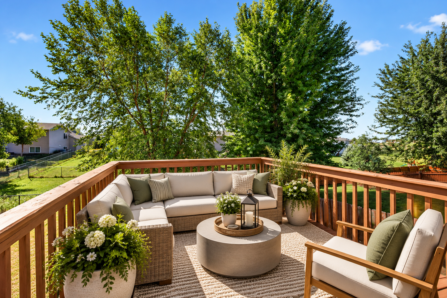Beautiful deck located just off the kitchen—perfect for outdoor dining, grilling, or relaxing while overlooking the fully fenced backyard. AI Staged.