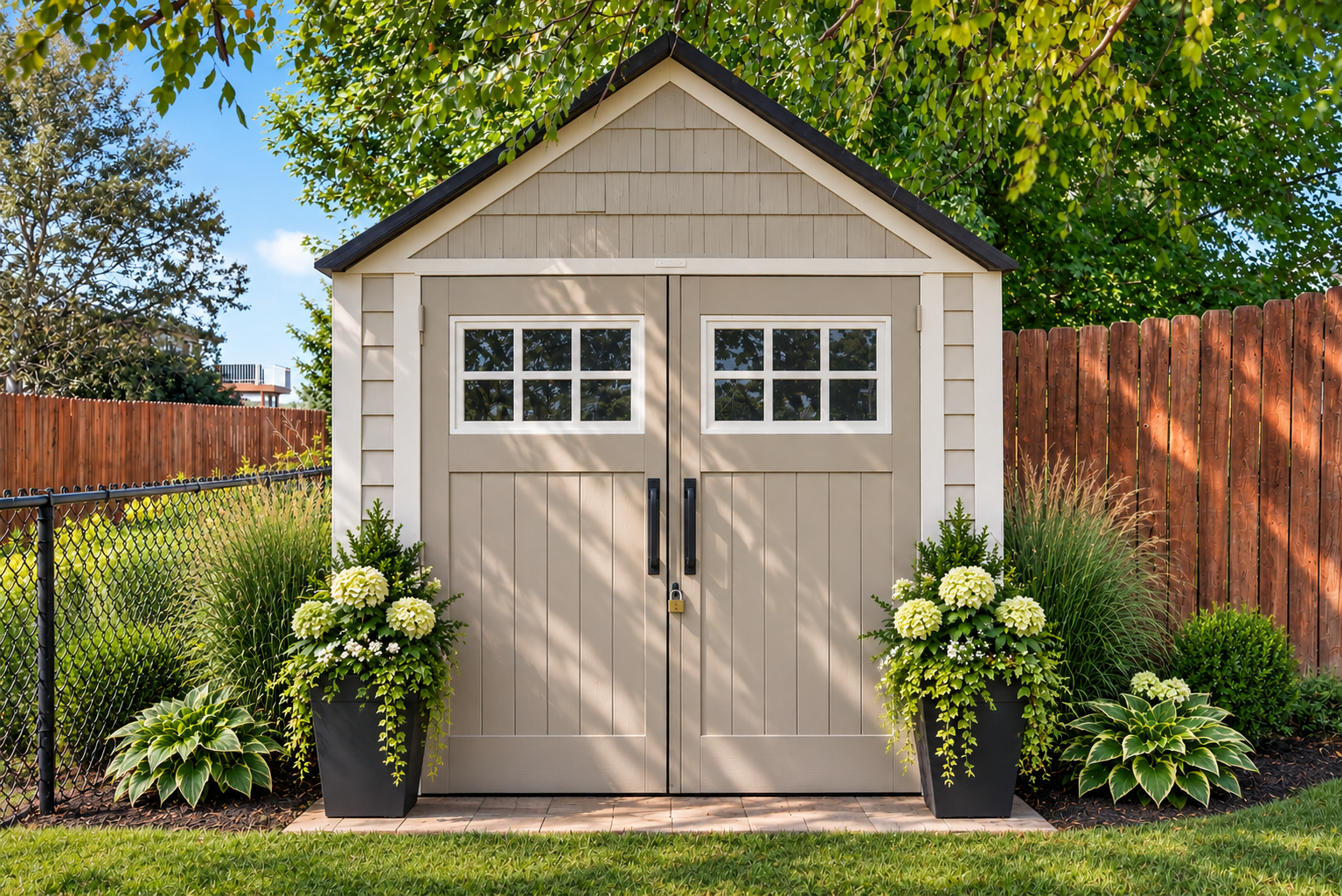Convenient backyard utility shed provides additional storage for lawn equipment, tools, and outdoor essentials. AI Staged.