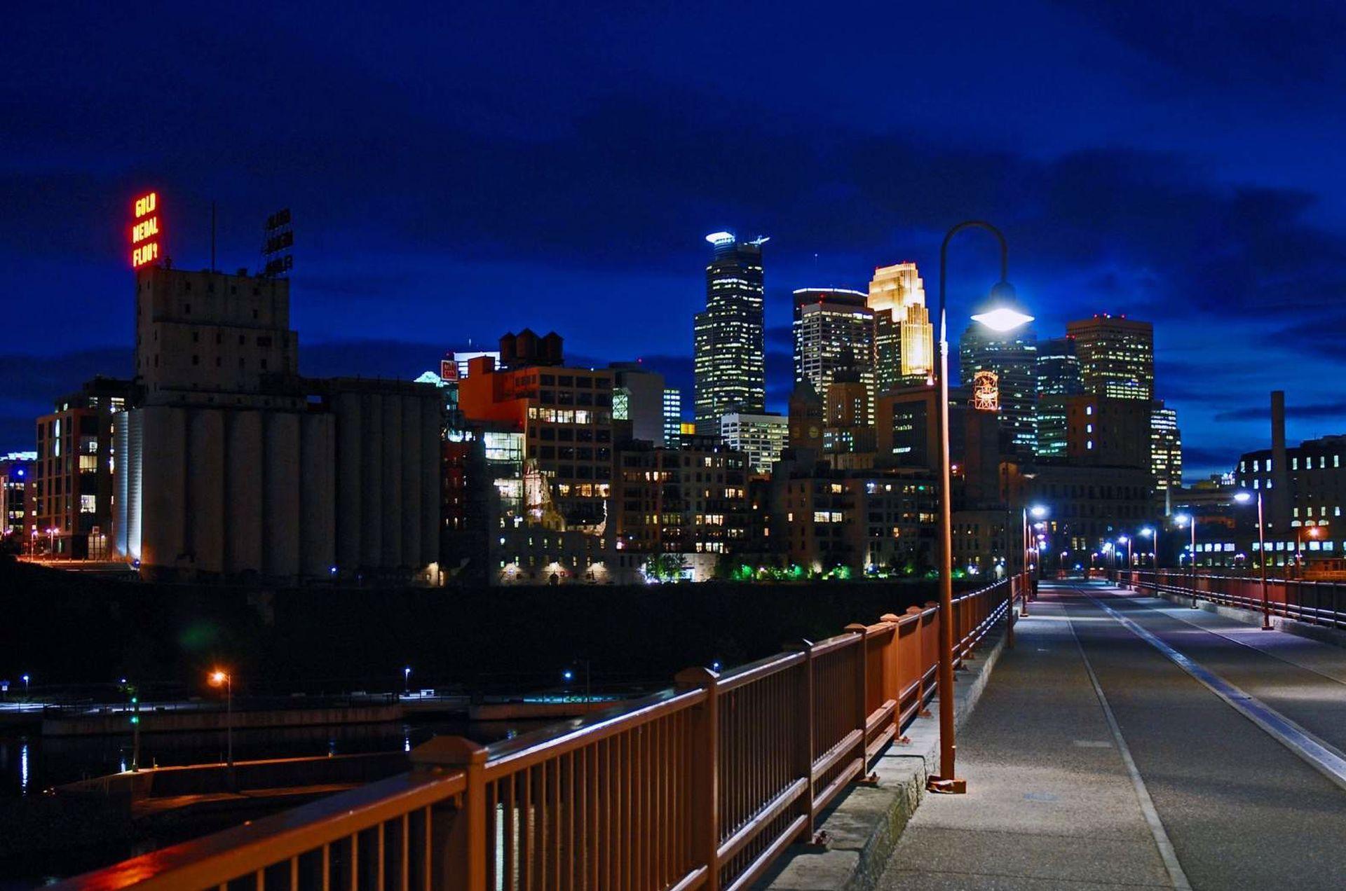 The skyline at twilight from the riverfront