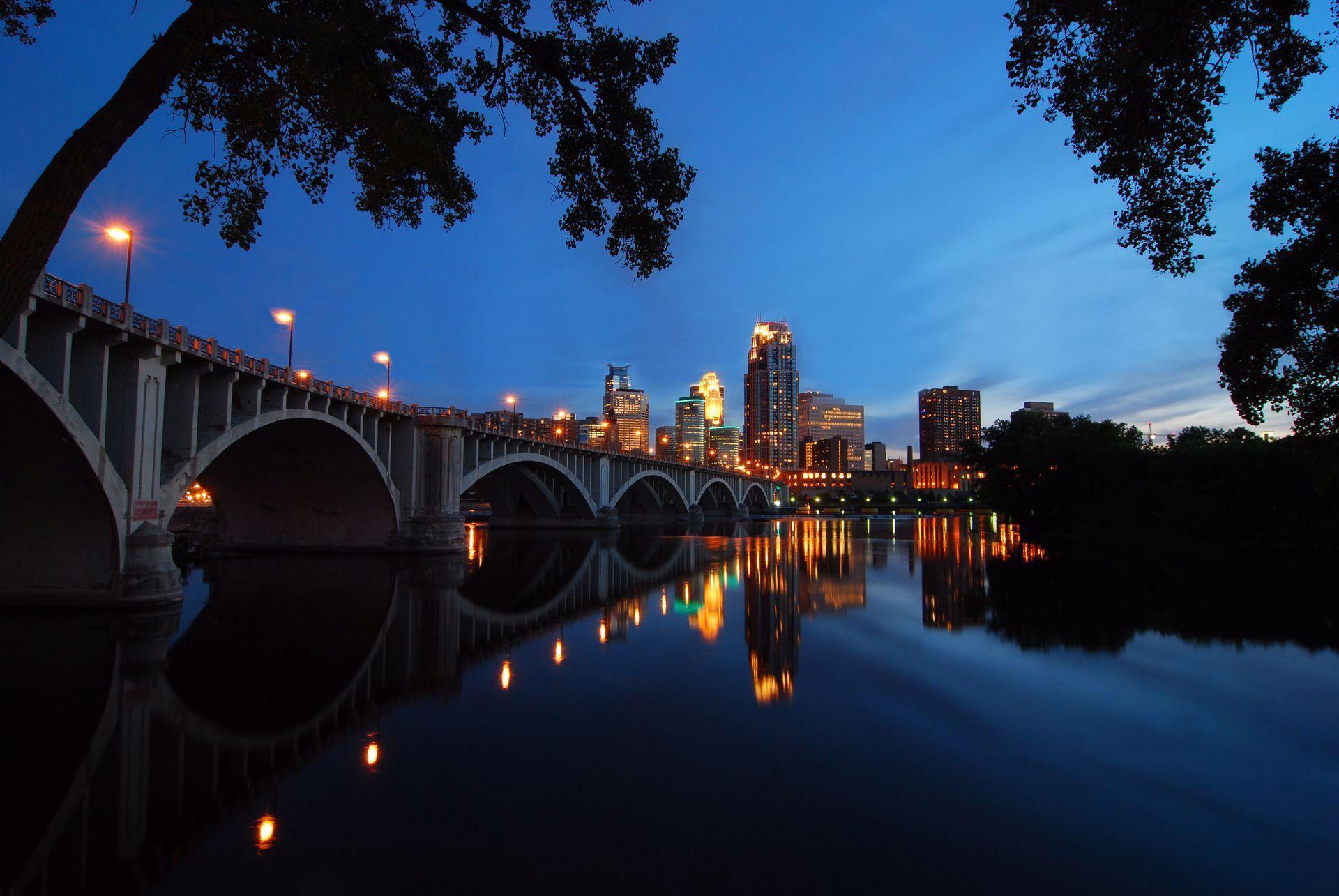 The river and skyline at nightfall