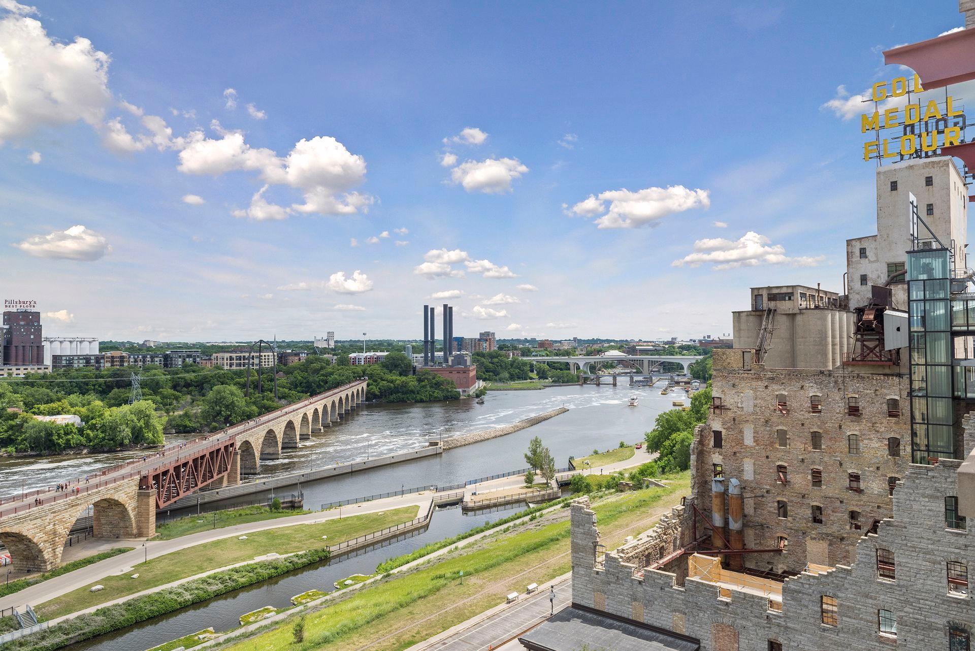 The Stone Arch Bridge and the river from above
