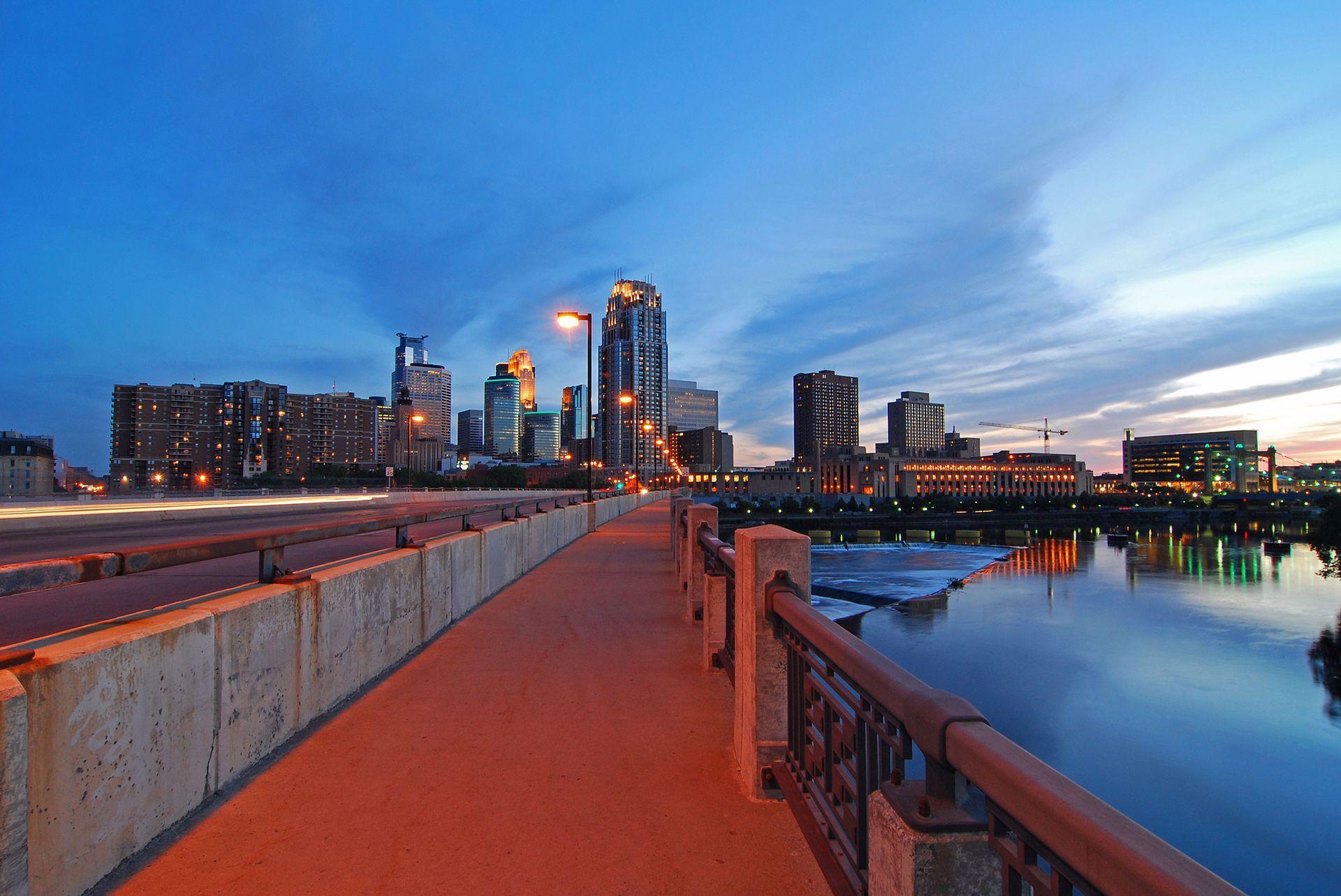 The Stone Arch Bridge promenade at dusk