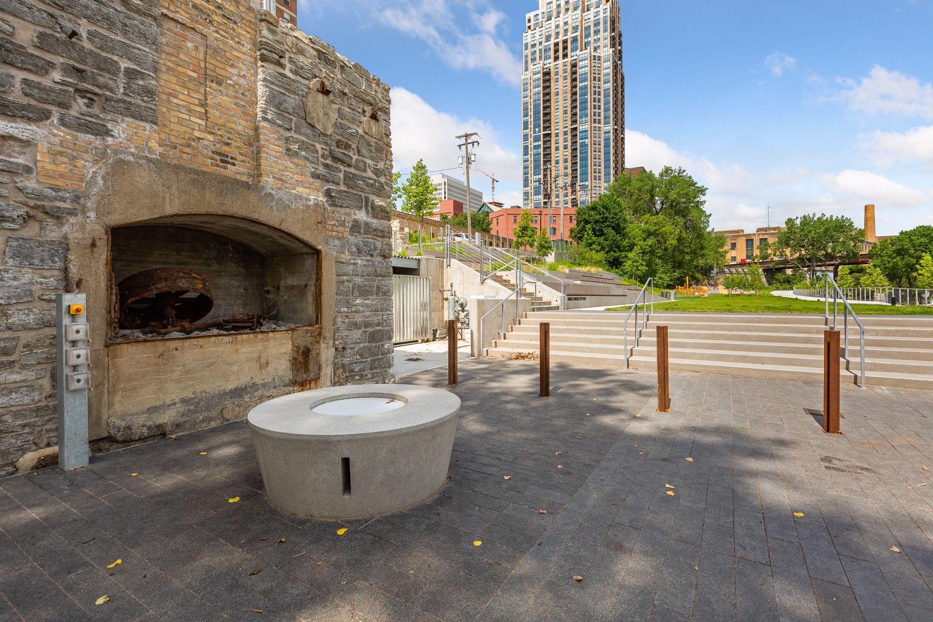 Riverfront park pavilion and fireplace
