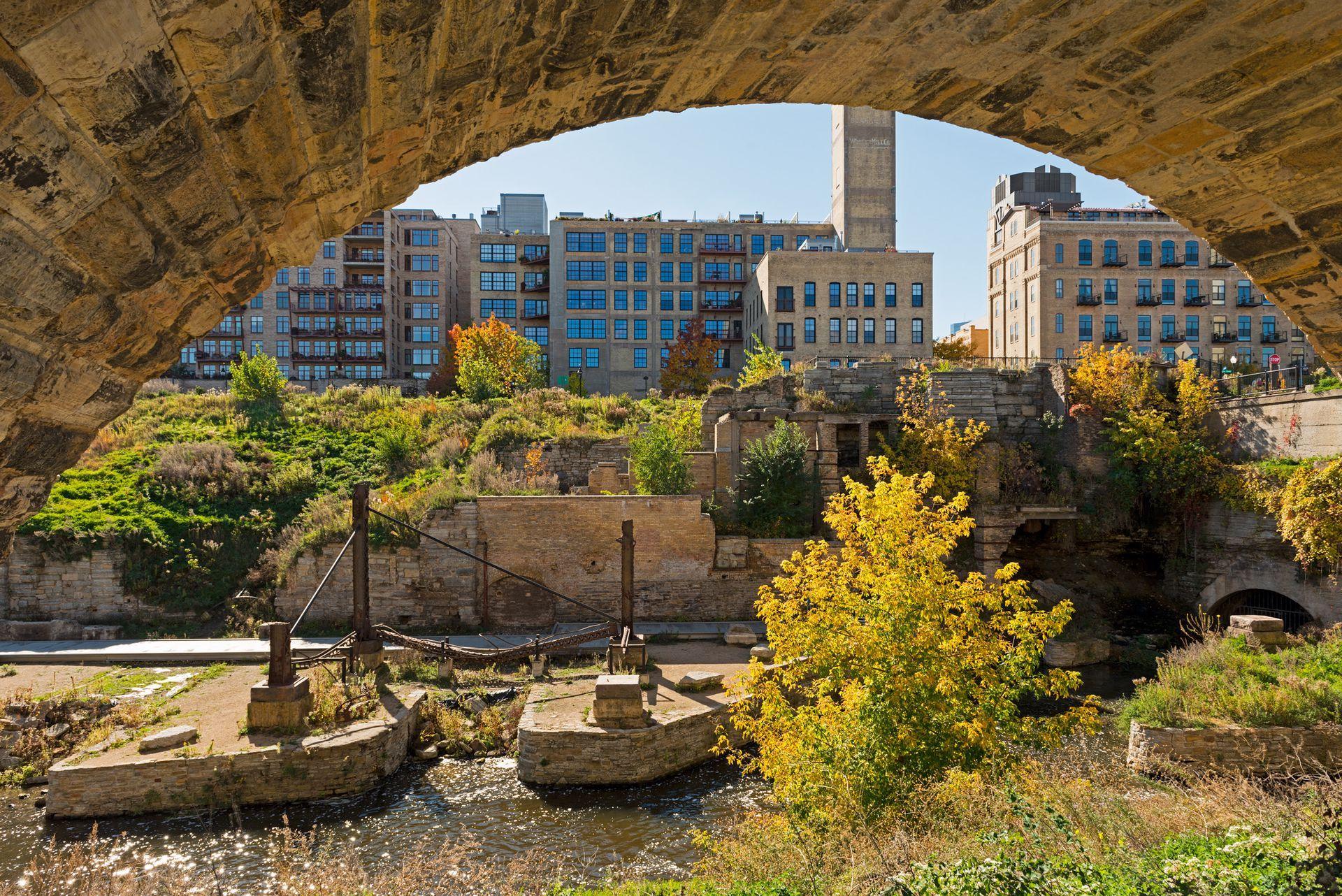 Beneath the Stone Arch Bridge in autumn