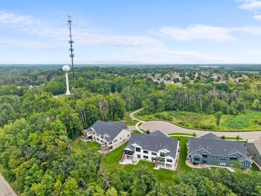 Aerial view highlights the home’s attractive neighborhood setting surrounded by mature trees, nearby green space and walking paths.
