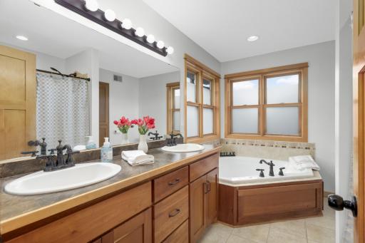 Primary Bathroom- Double Sink Vanity, Spa Shower and Bathtub