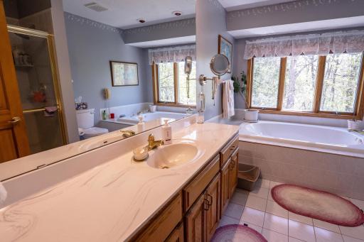 The private primary suite bathroom features tile floors, jacuzzi tub and a separate shower. Beautiful views literally from every window