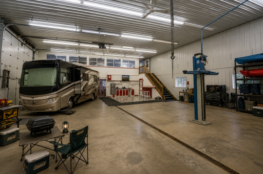 The shop is heated. Insulated with a concrete floor and drain. If you have a large RV and love to camp and need to. Store kayaks., a boat, or anything else, there's plenty of room. Virtually staged.