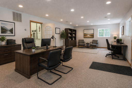 When you first enter the shed, there is a huge office space. This is where all the employees could work. To the left is a bathroom. Virtually staged.
