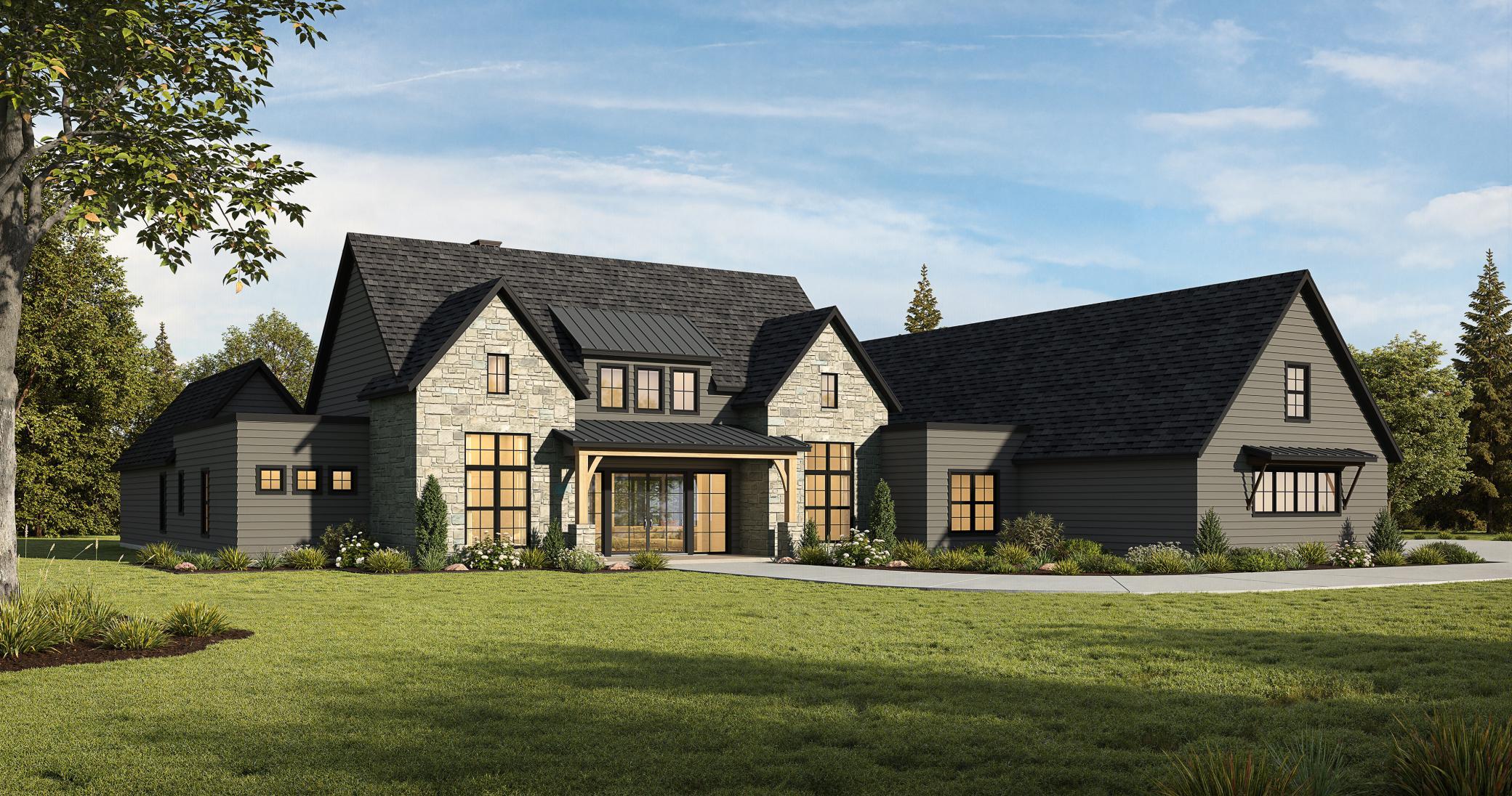 Introducing The Blakely—a striking modern estate where timeless architecture, dramatic stonework, and warm contemporary details create an unforgettable first impression.