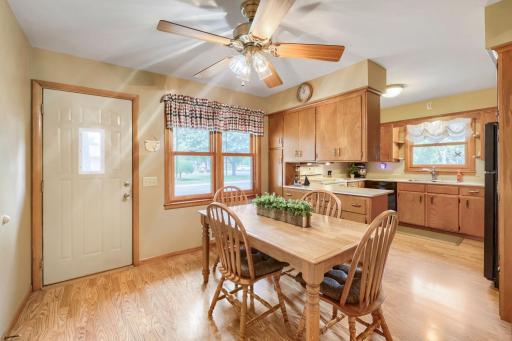 The dining area includes this side entry door.