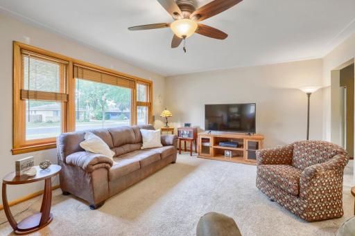 This living area with carpet floors and plaster walls.
