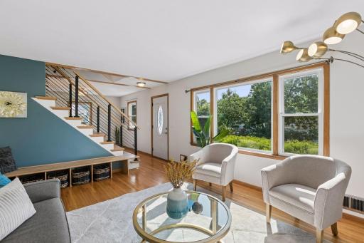 Living room with view of large bay window