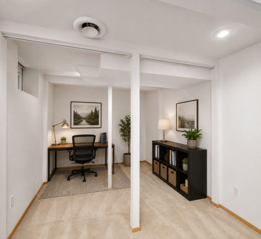 Virtually staged to showcase the possibilities — this flexible lower-level space offers an ideal setting for a home office, study area or creative workspace