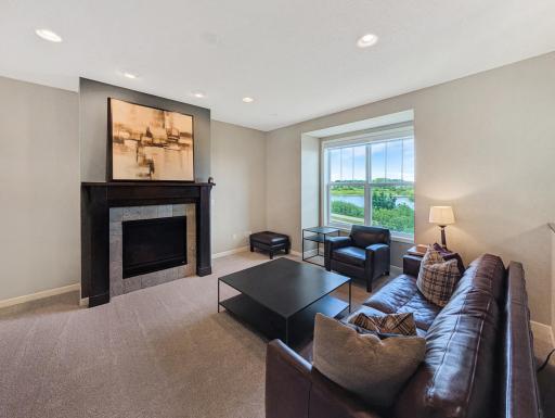 A modern fireplace is the centerpiece of this living room!