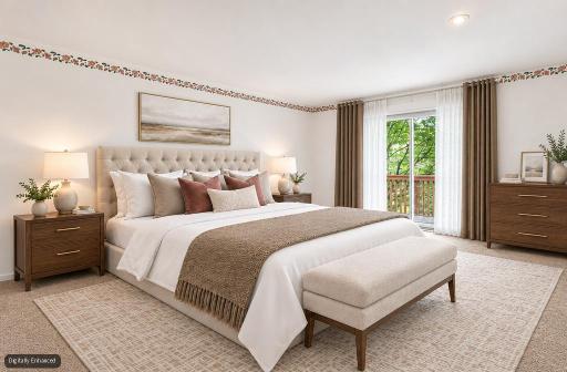 virtaully staged primary bedroom on main floor with private patio