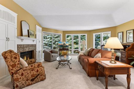 Spacious great room with gas fireplace, built-ins and beautiful wooded views.