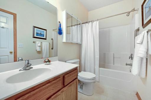 The second bathroom is in the hallway and is also a full bathroom.