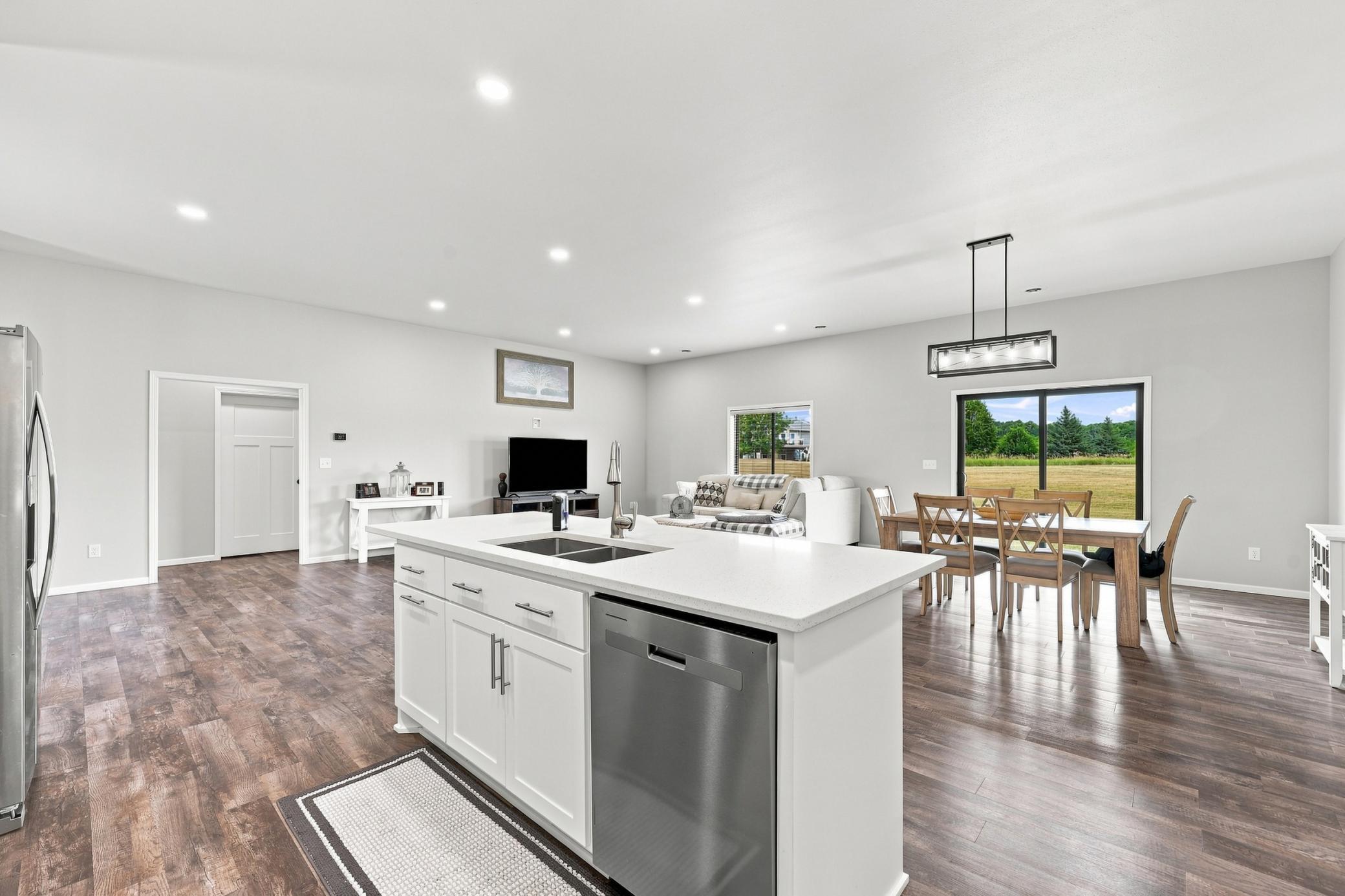 Kitchen view to dining/living area