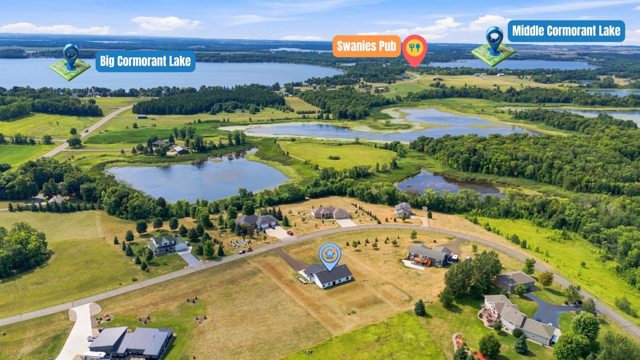 Location Pins from subject property to Big Cormorant Lake and Middle Cormorant Lake. Enjoy an easy drive to Swanies Pub!!
