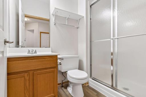 Convenient main-level full bath featuring an oak vanity, updated hard-surface flooring, and an accessible walk-in shower stall with sliding glass doors.