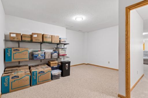Storage room in the lower level with built-in shelving, offering ample room for seasonal organization, hobby gear, or a workshop.