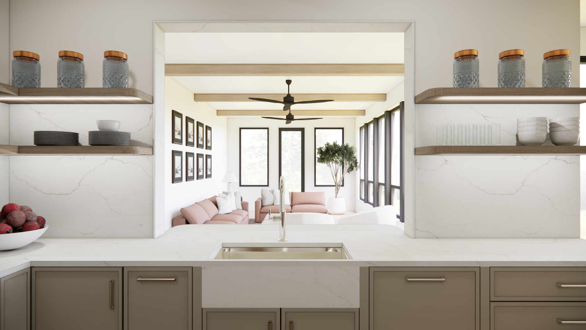 Enjoy the sightline from the kitchen into the sunroom, creating a seamless connection between spaces while drawing in abundant natural light.