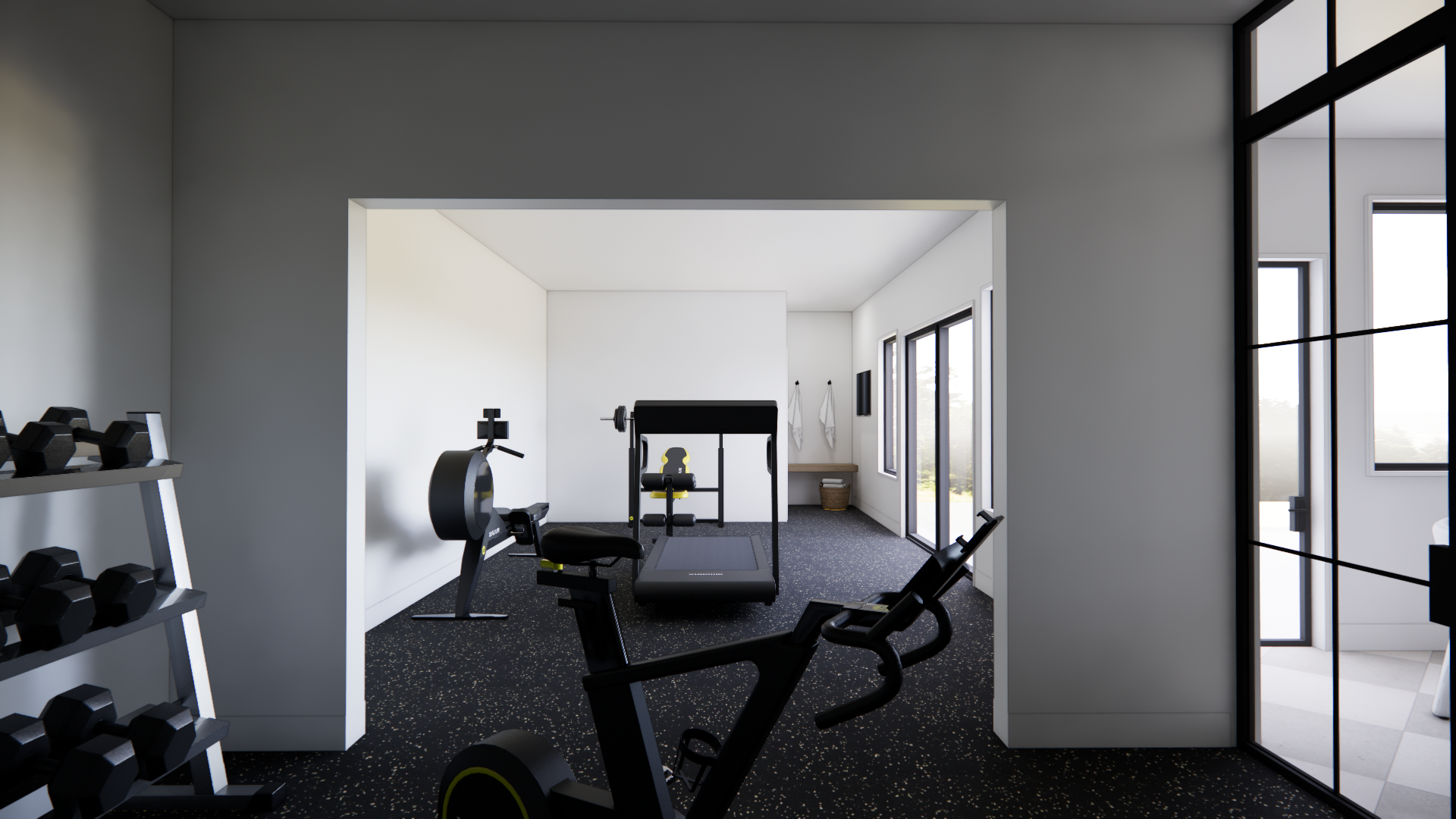 Start your day strong in the private home gym, with dedicated space for cardio, strength training, and your everyday wellness routine.