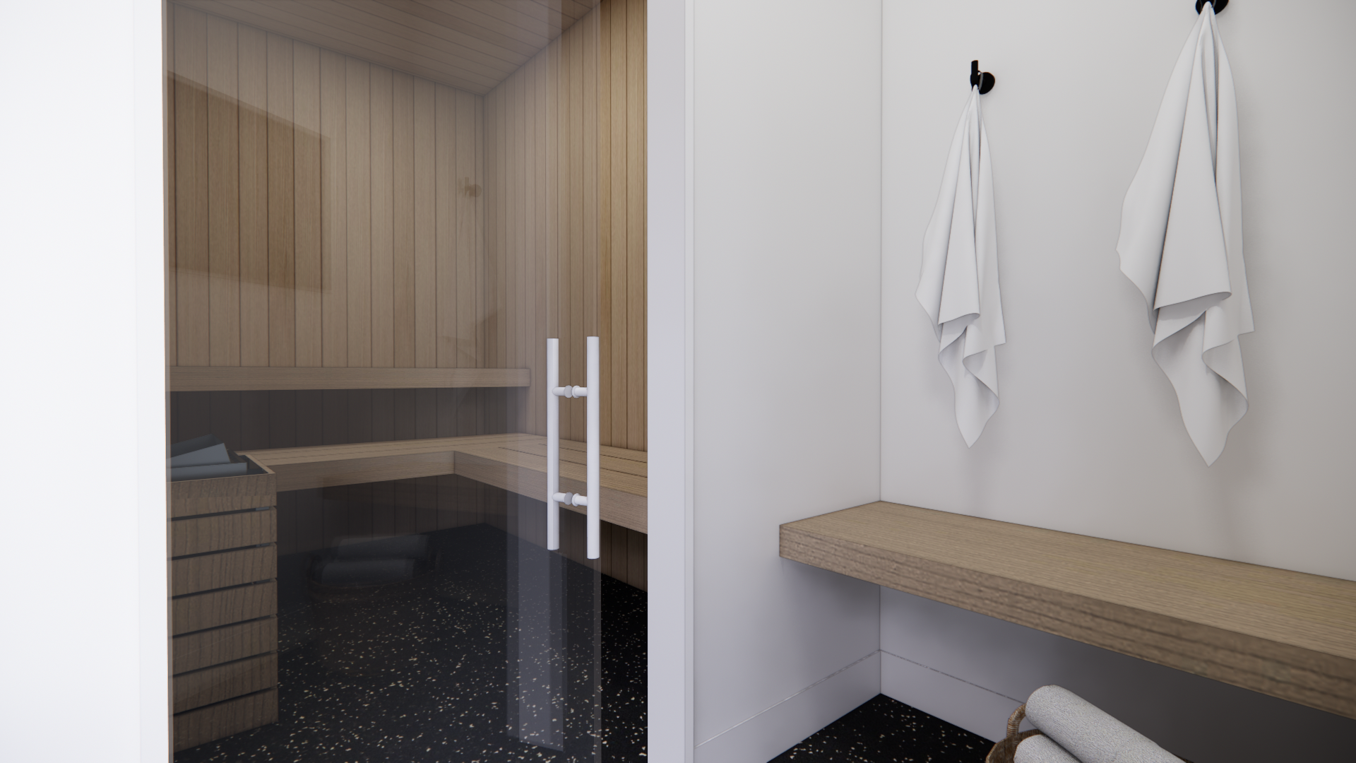 Recharge and recover in your private sauna, conveniently connected to the home gym for the ultimate at-home wellness experience.