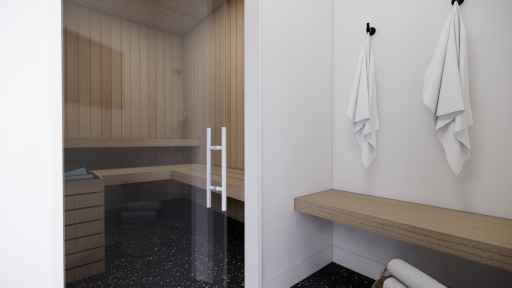 Recharge and recover in your private sauna, conveniently connected to the home gym for the ultimate at-home wellness experience.