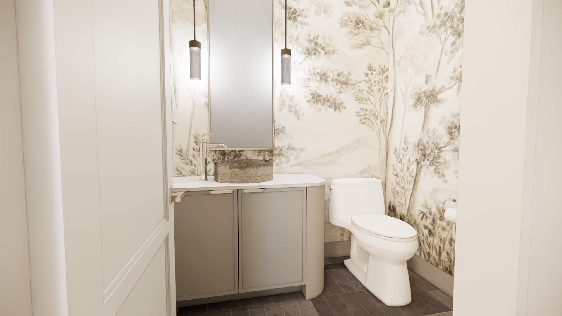 A striking powder bath where scenic wallpaper, a sculptural vessel sink, and refined finishes create an unexpected moment of character.