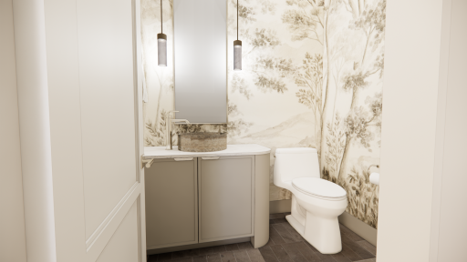 A striking powder bath where scenic wallpaper, a sculptural vessel sink, and refined finishes create an unexpected moment of character.