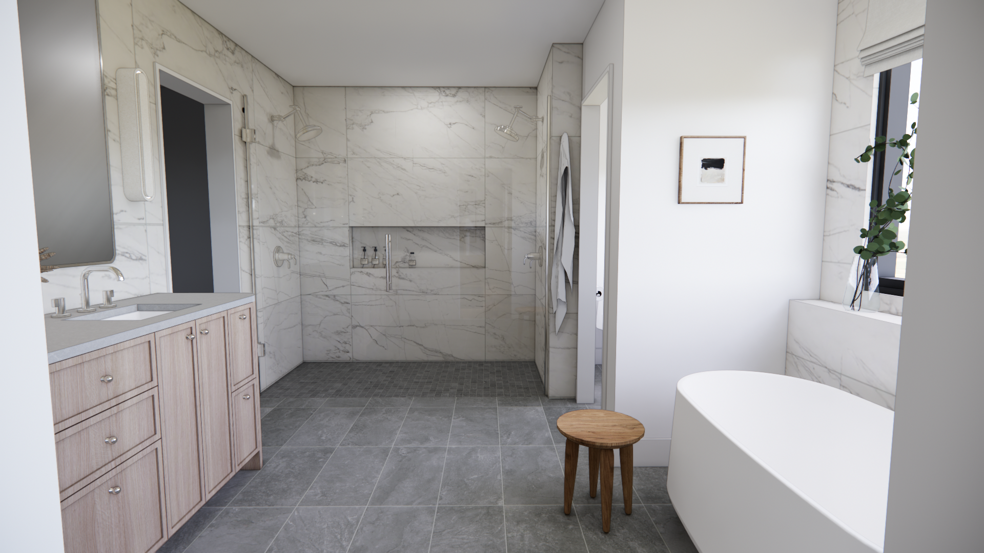 Relax in a spa-inspired primary bath featuring a freestanding soaking tub, expansive walk-in shower, and floor-to-ceiling stonework for a truly luxurious retreat.