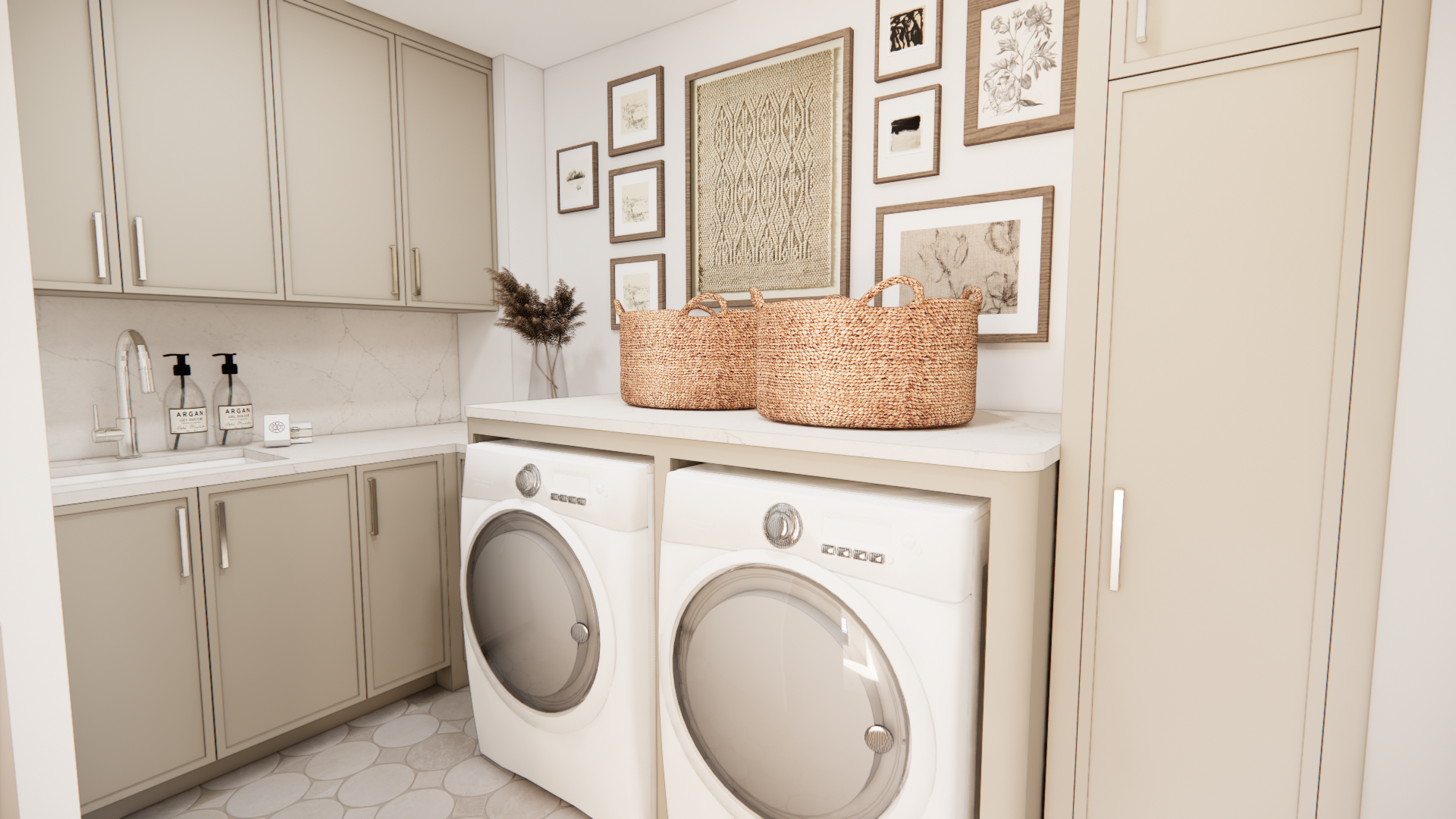 A highly functional laundry room with abundant cabinetry, generous counter space, and a convenient utility sink for everyday ease.