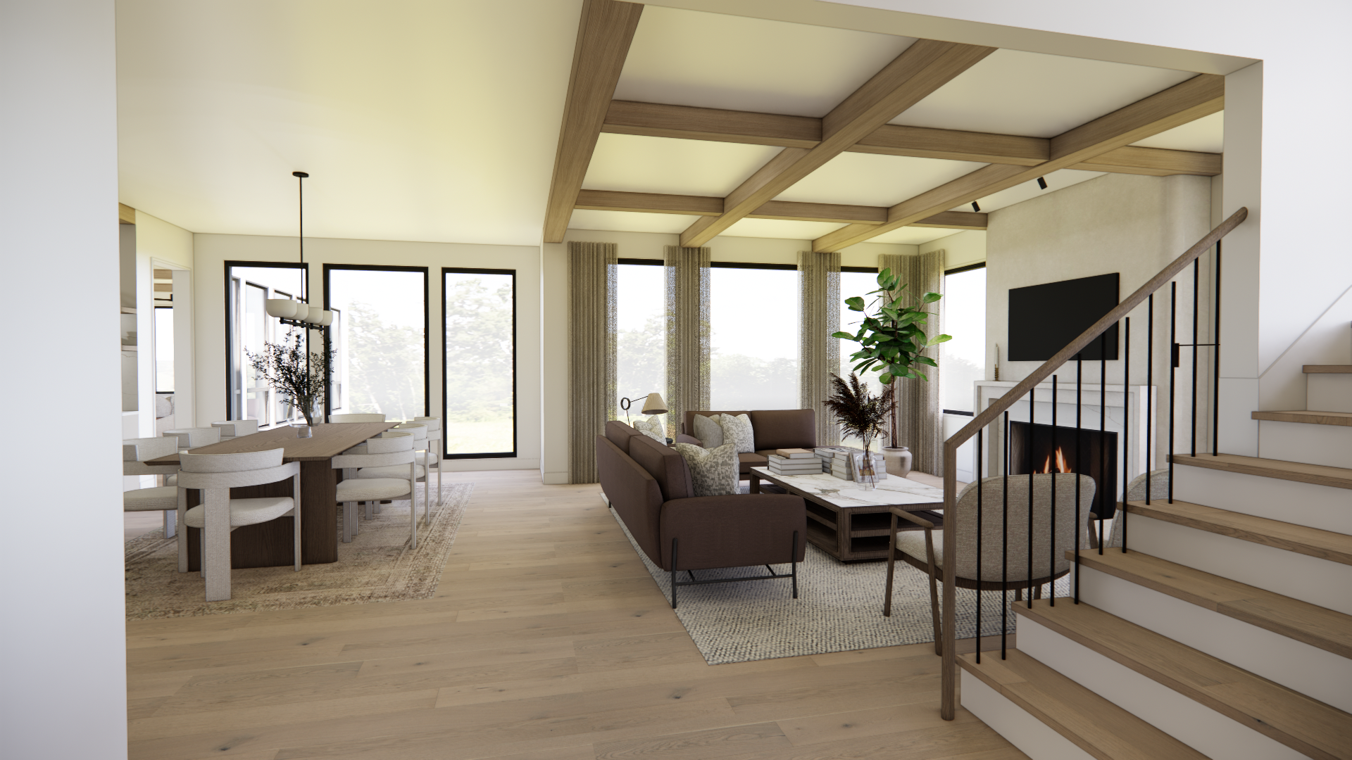 A stunning great room with floor-to-ceiling windows, warm wood beams, and open-concept living.