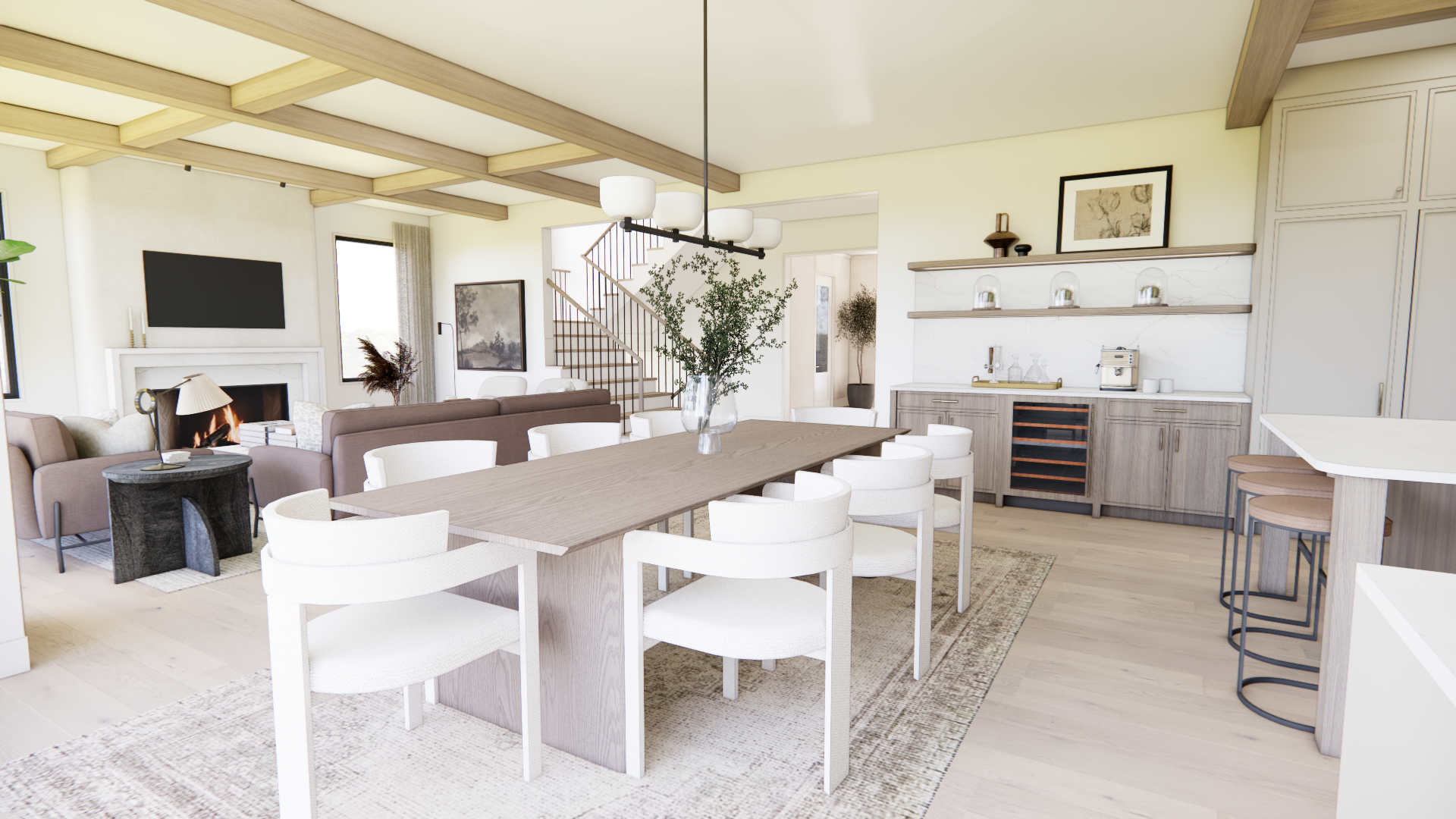 A light-filled dining space with warm wood accents, statement ceiling beams, and seamless connection to the kitchen and living areas.