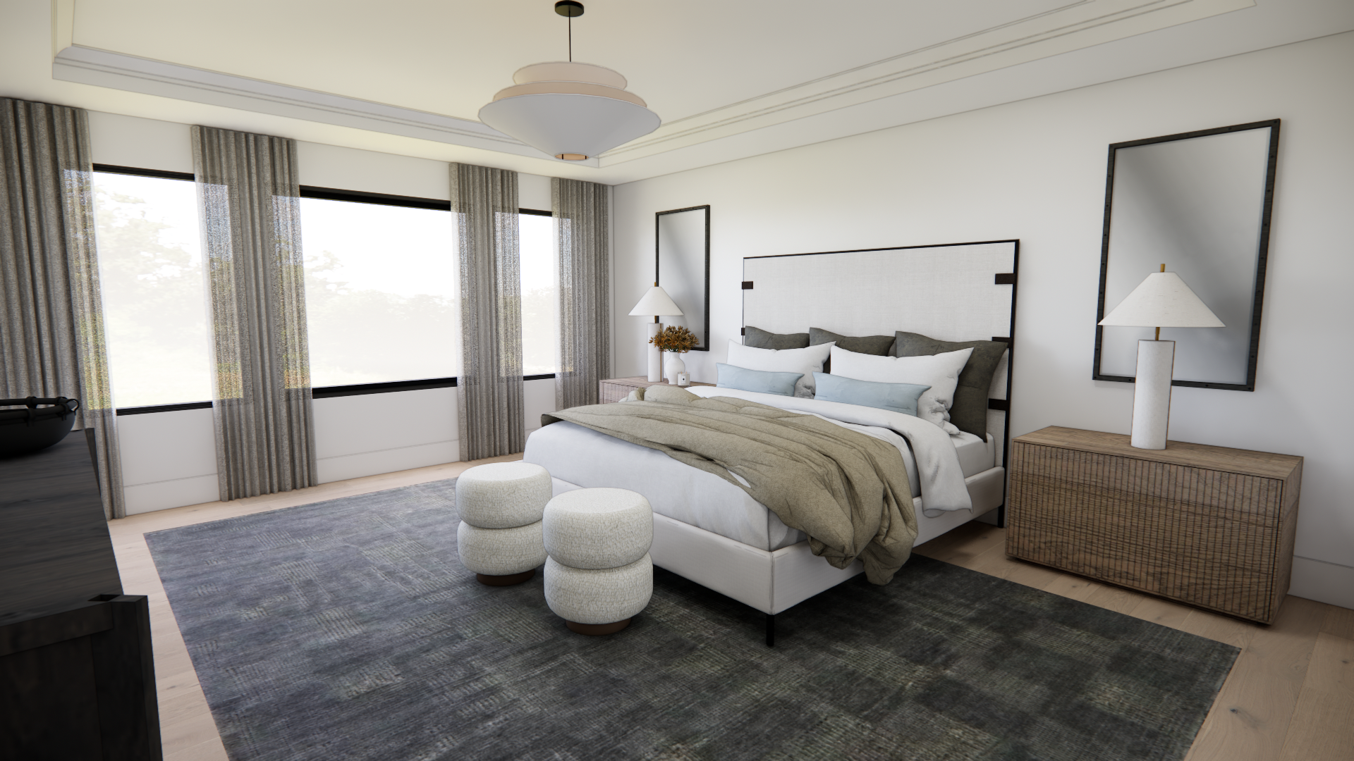 Enjoy a serene primary suite filled with natural light, layered textures, and sophisticated details designed for rest and relaxation.