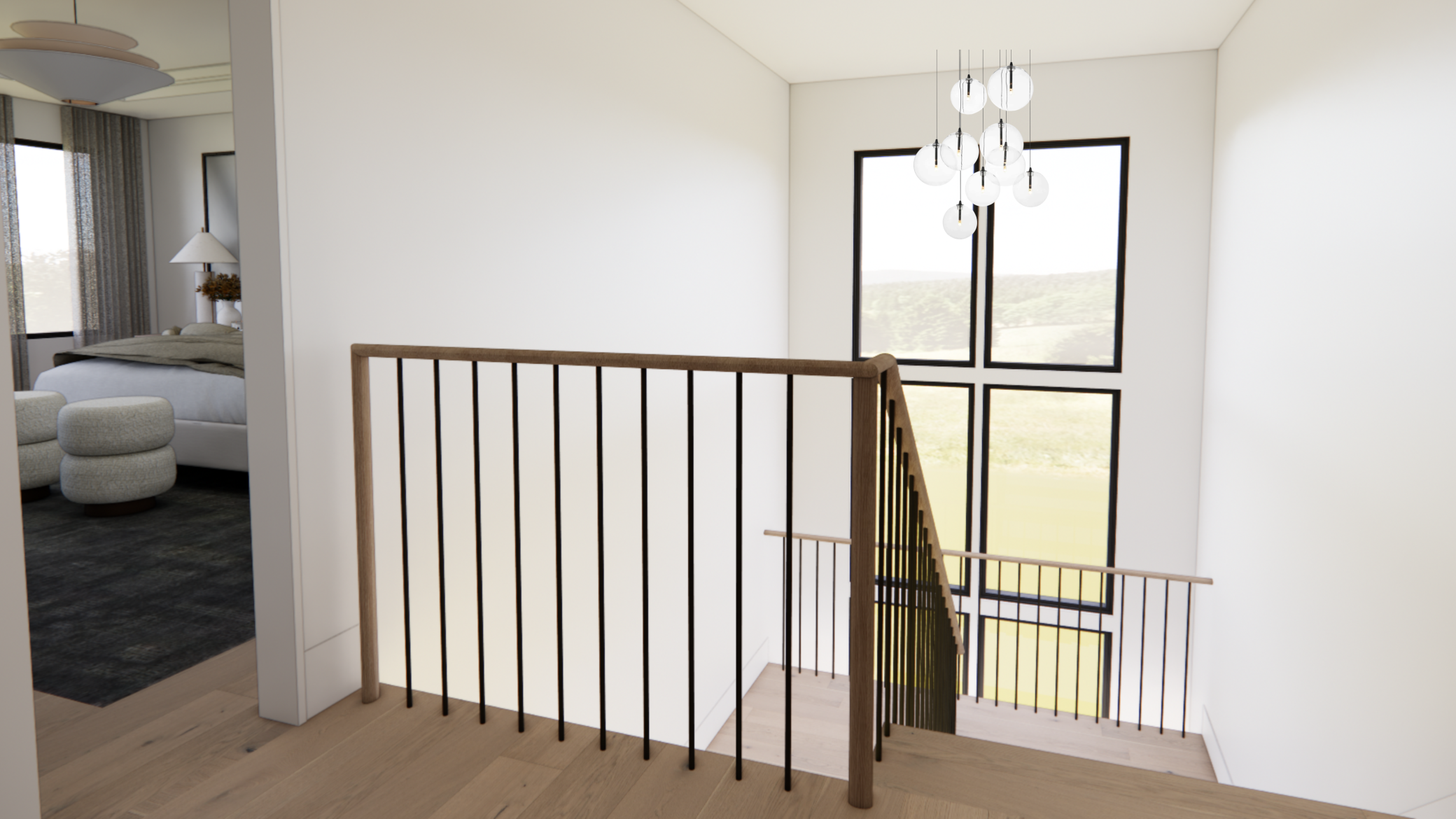 A dramatic staircase framed by soaring windows, warm wood detailing, and sleek black railings that create a striking architectural focal point.