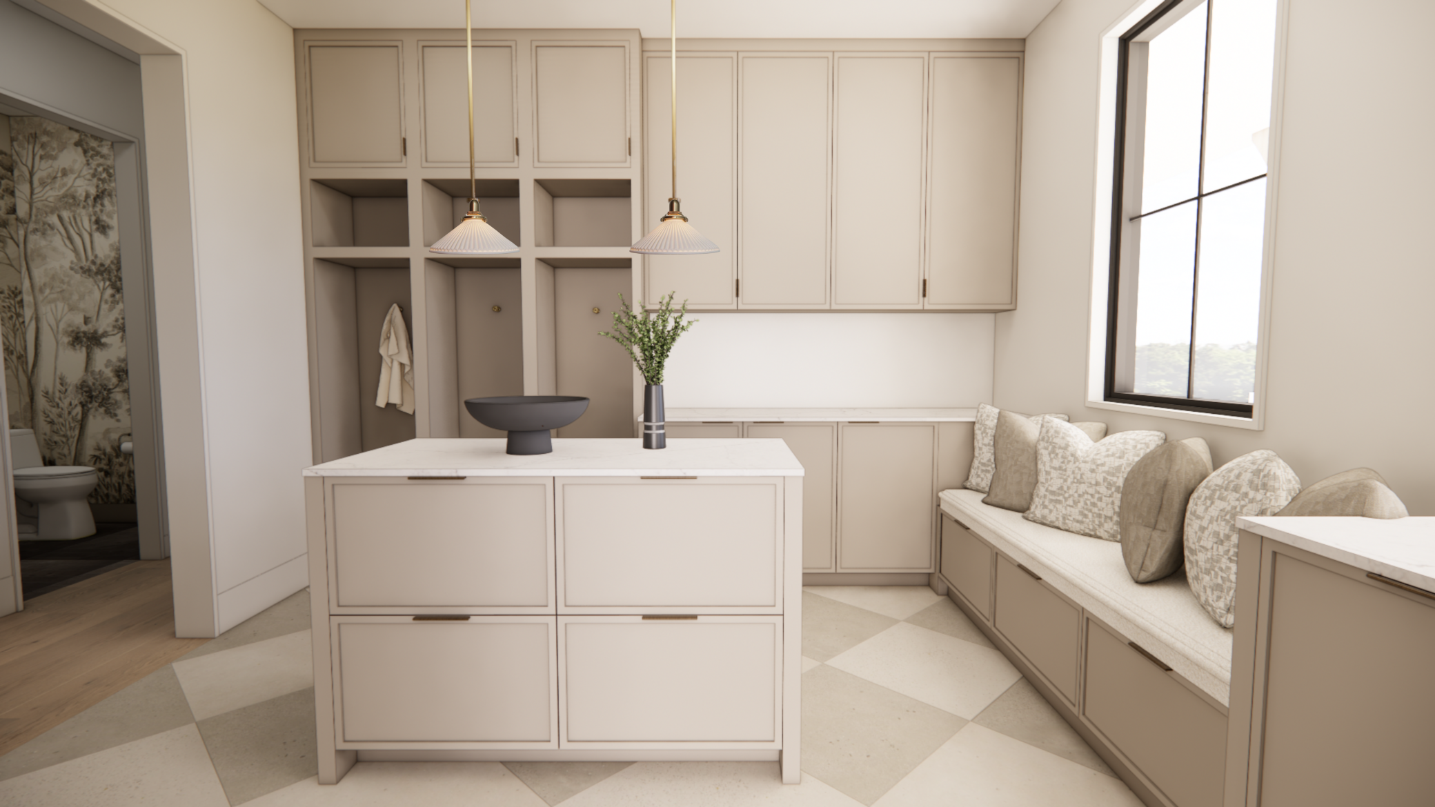 A thoughtfully designed mudroom with ample cabinetry, built-in storage, and a cozy window bench that blends everyday function with elevated style.