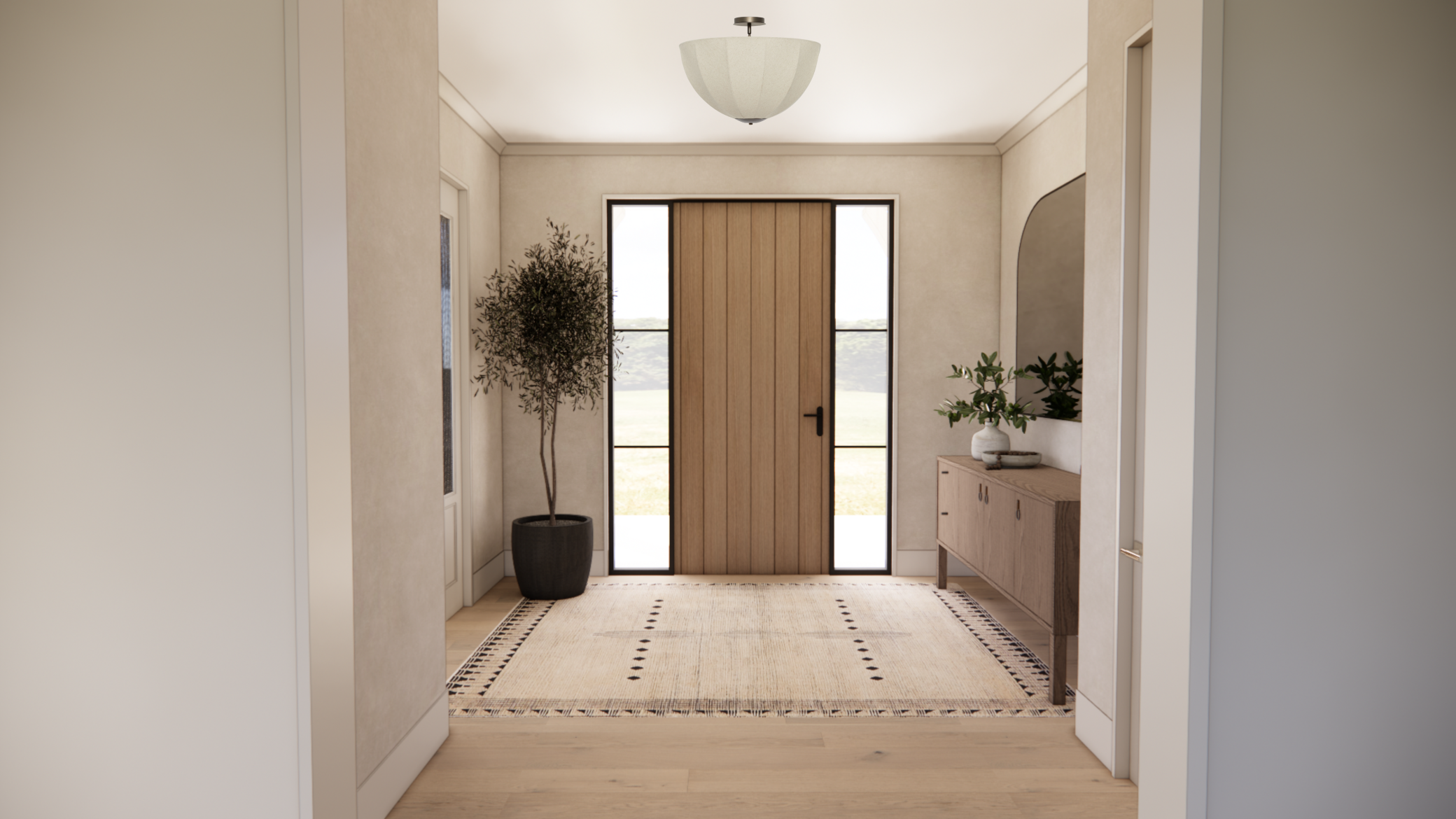 Walk into bright, elegant entryway framed by clean architectural lines and warm natural finishes.