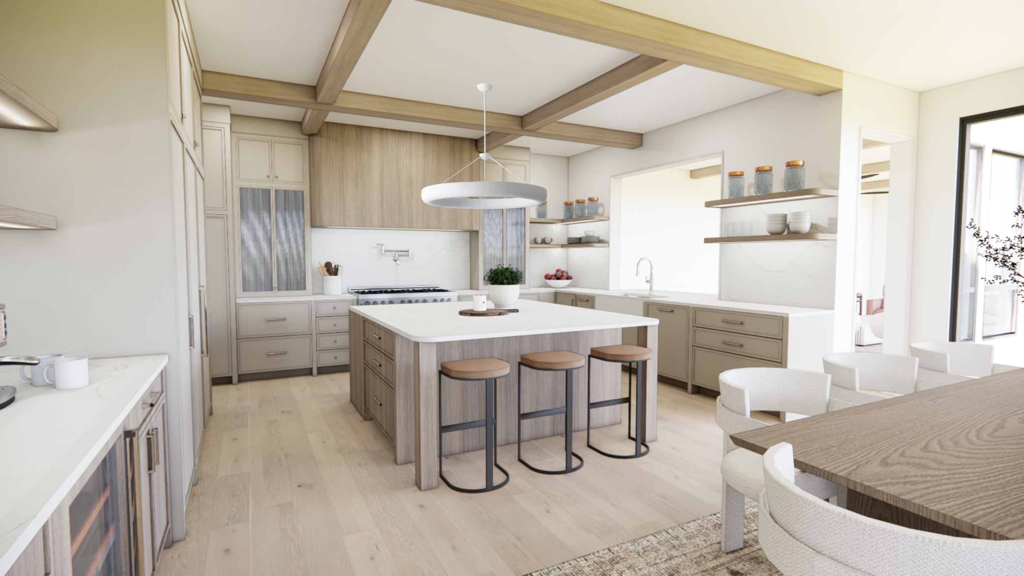 A beautifully designed kitchen featuring layered natural wood tones, expansive quartz surfaces, open shelving, and an oversized island made for gathering.
