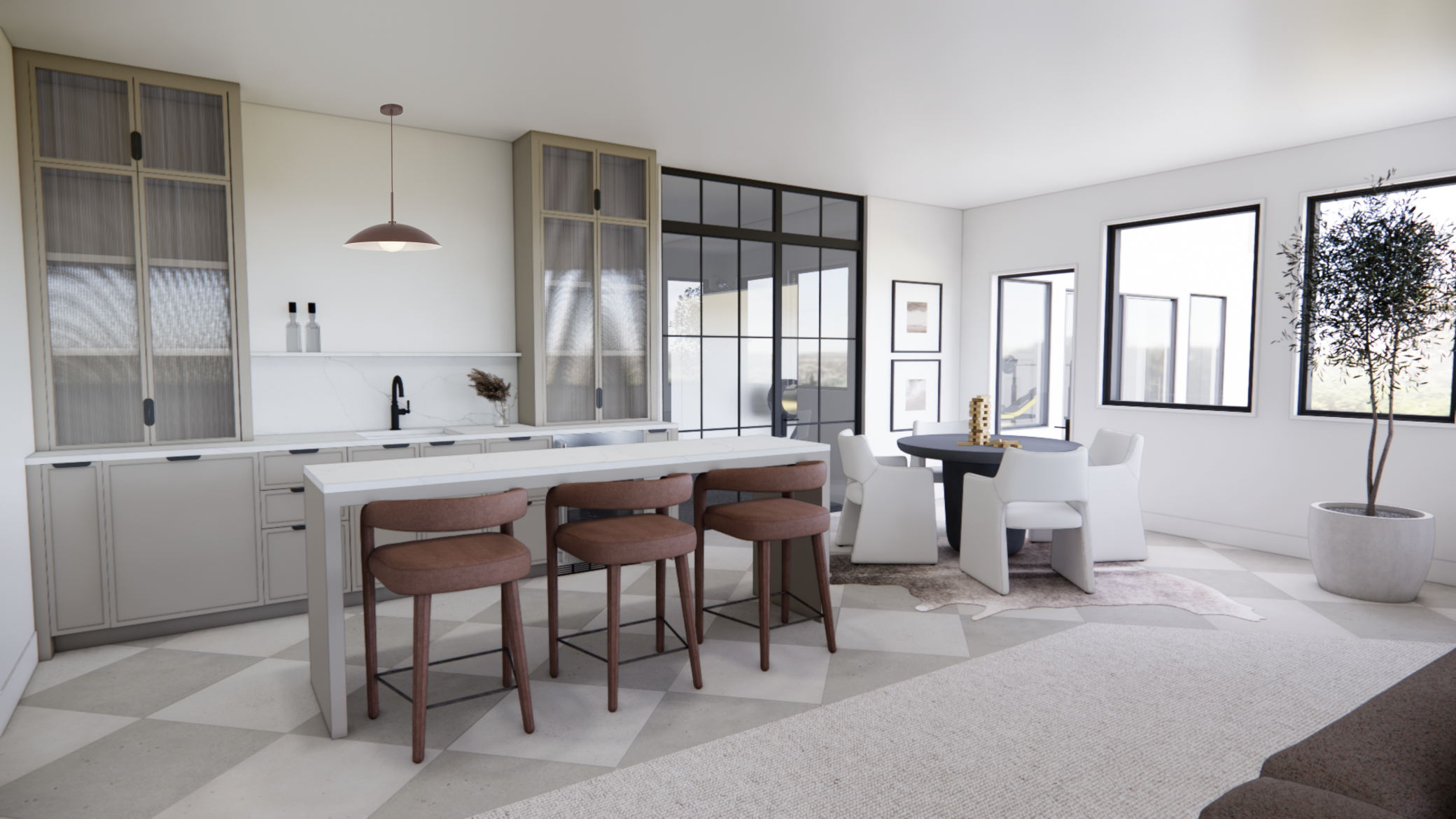 Entertain with ease at the lower-level bar, complete with generous counter seating, a built-in wine fridge, and direct access to the outdoor gathering space.