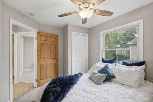 A ceiling fan keeps things comfy, & a second closet means room for all your clothes and then some!