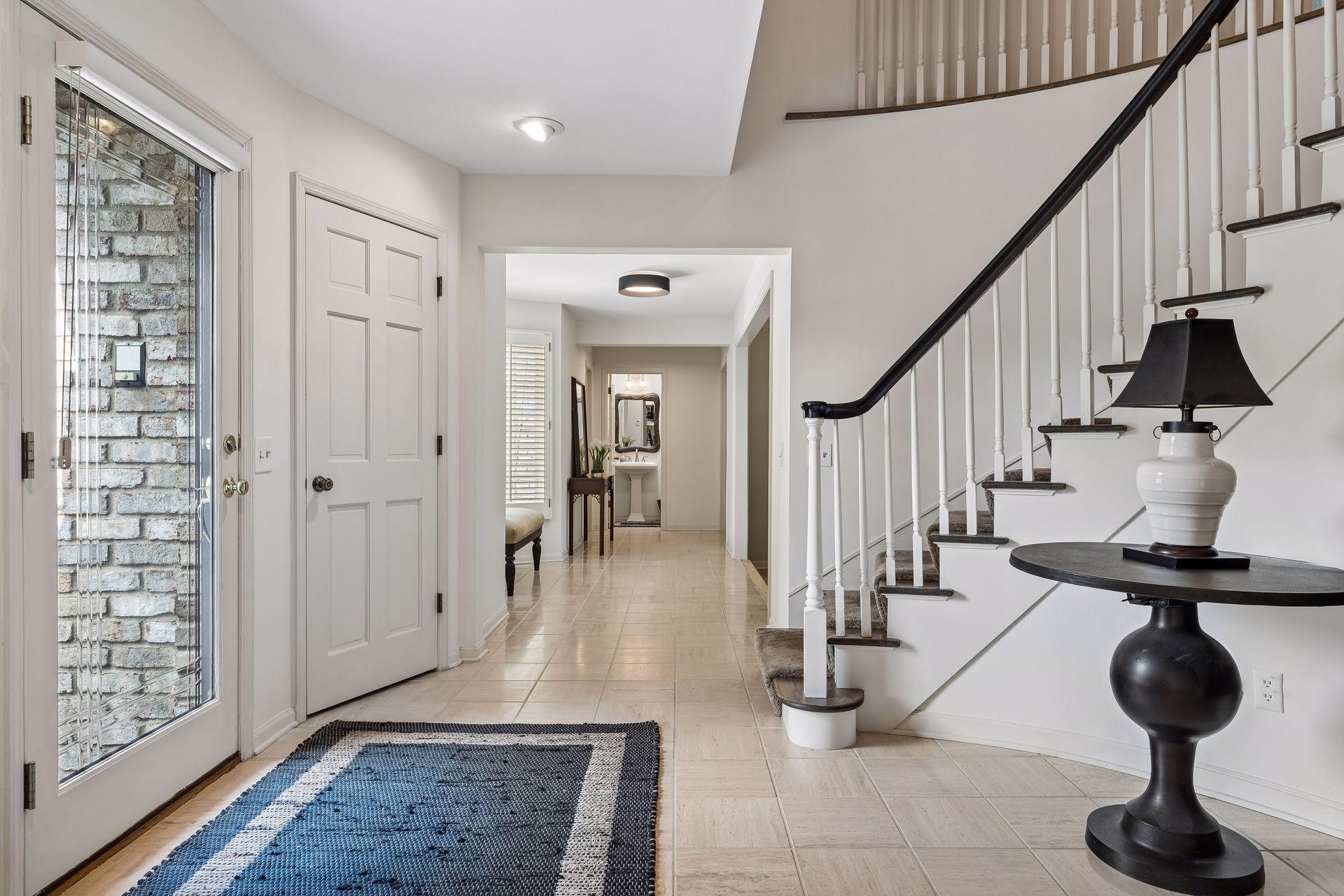 Travertine tiled hallway