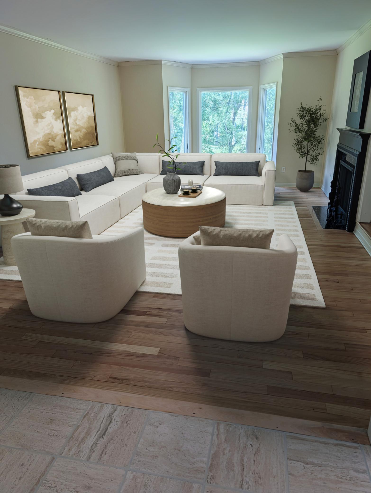 Virtual staged great room/living room with bayed window and wood burning fireplace